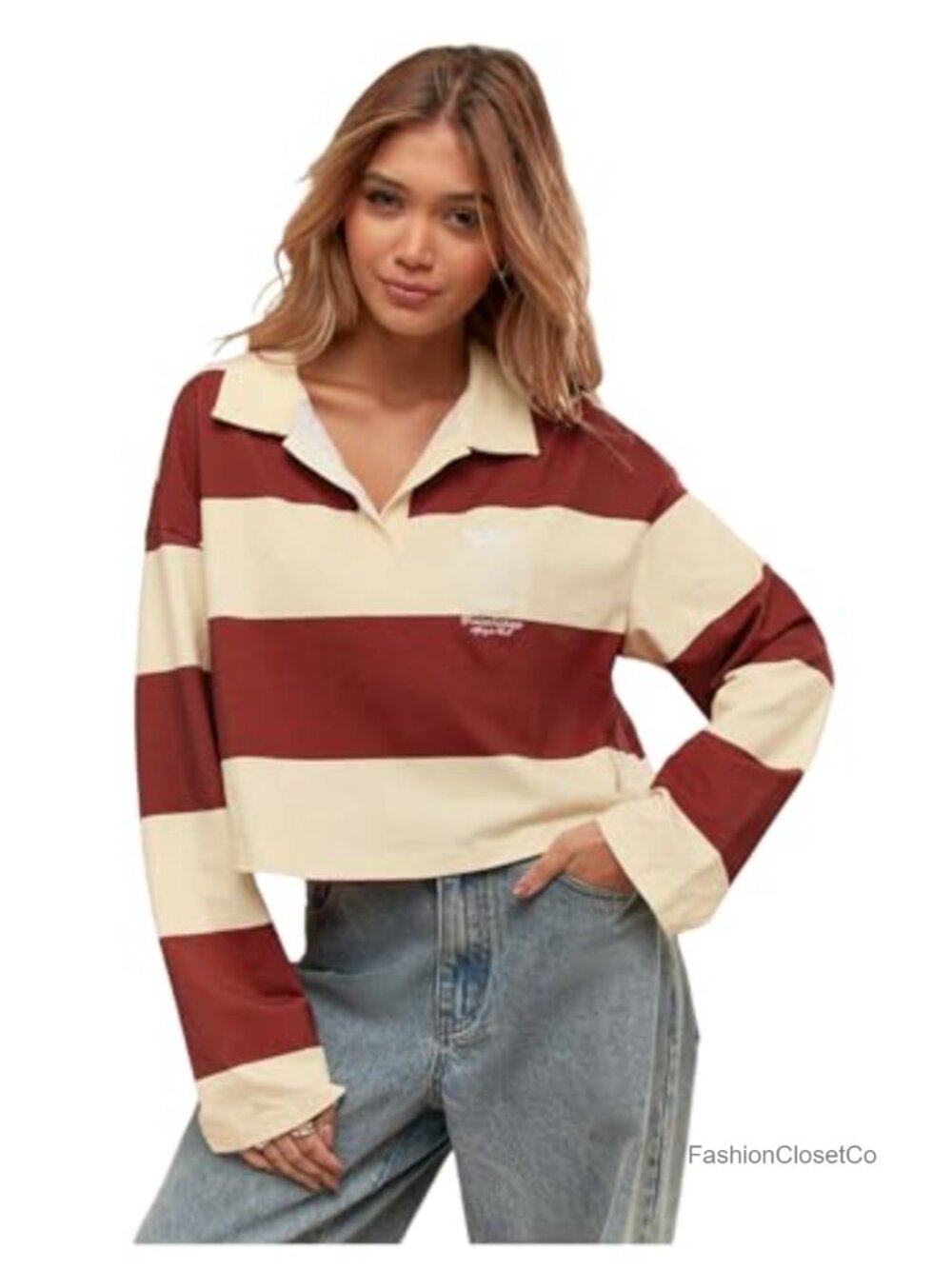 Women's Rugby Striped Cropped Sweatshirt Long Sleeve Pullover Y2K Tennis Top